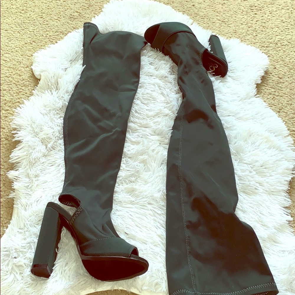 knee high, peep toe booties